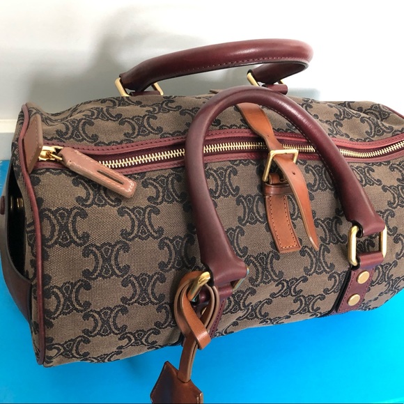 EUC Celine Paris Polochon brown logo burgundy leather satchel boston hand bag - Picture 2 of 10